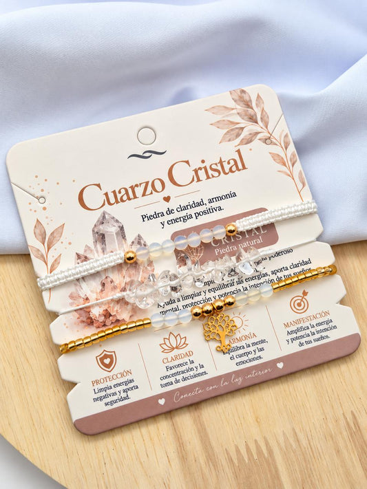 Pulsera Tejida Triple Cuarzo Cristal PULPN08