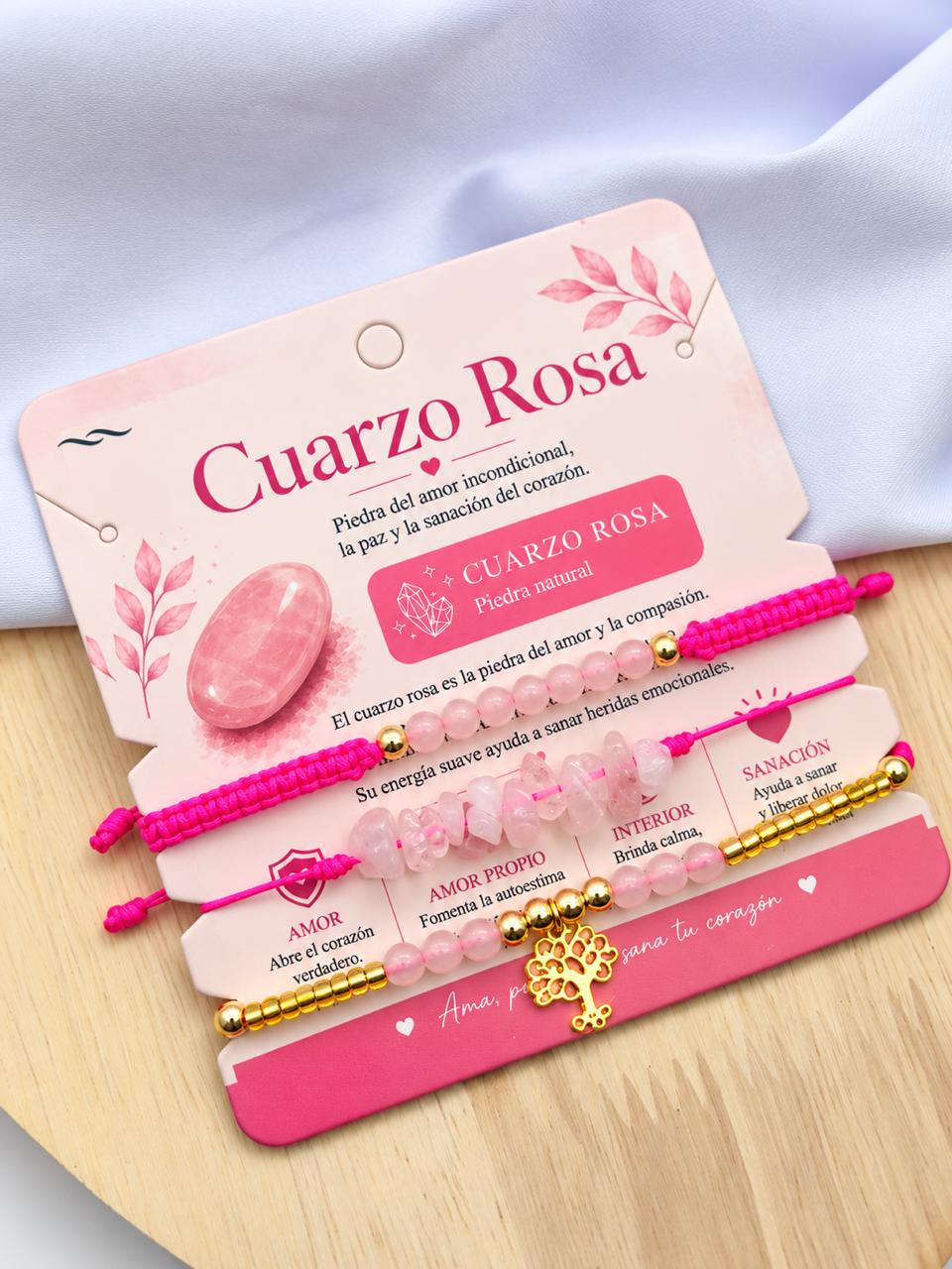 Pulsera Tejida Triple Cuarzo Rosa PULPN07